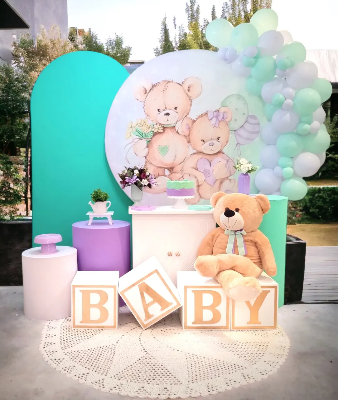 Kit Chá Revelação Urso Verde/Lilás